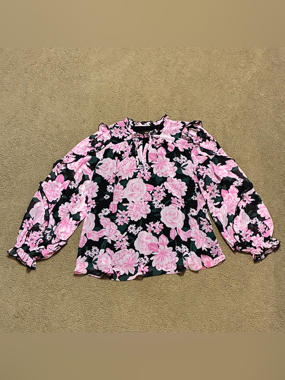 Sugarlips Black Blouse with Pink Floral Print Women’s XS Sheer Boho Pheasant Top